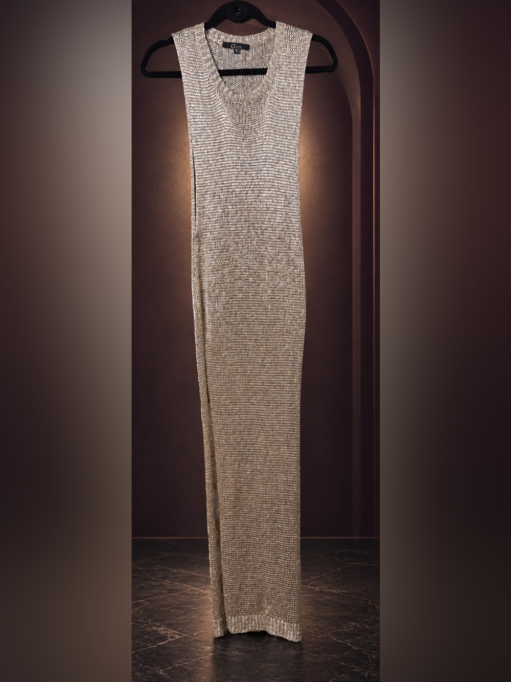 Cleo Metallic Open Knit Maxi Dress Side Slit Y2K Disco S/M